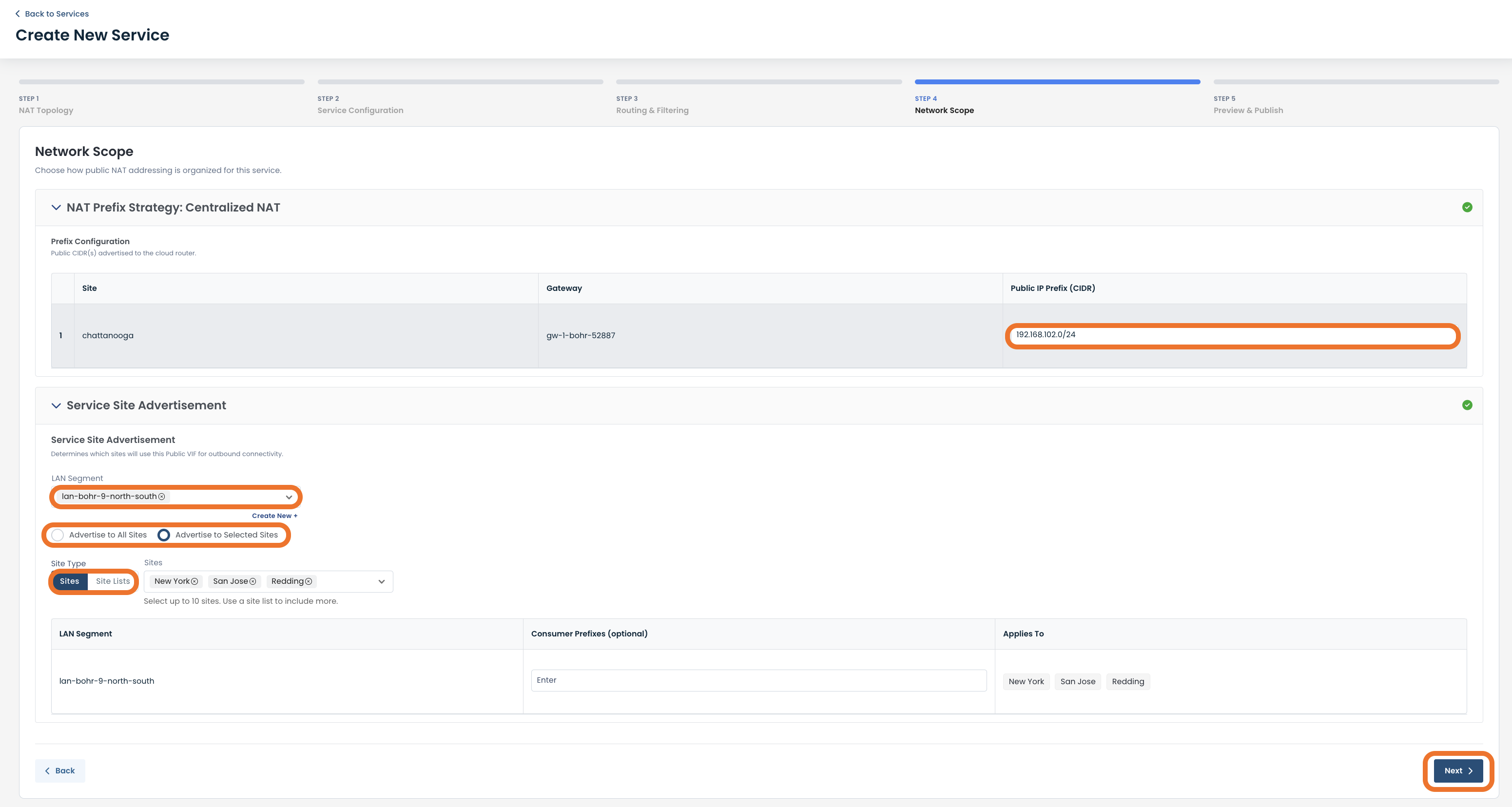 Configuration settings for NAT service, including site and public IP prefix details.